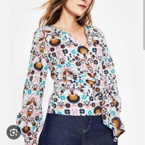 Boden Rosamund Boho Wrap Top  Carnival Floral Paisley 10 Petite White Blue